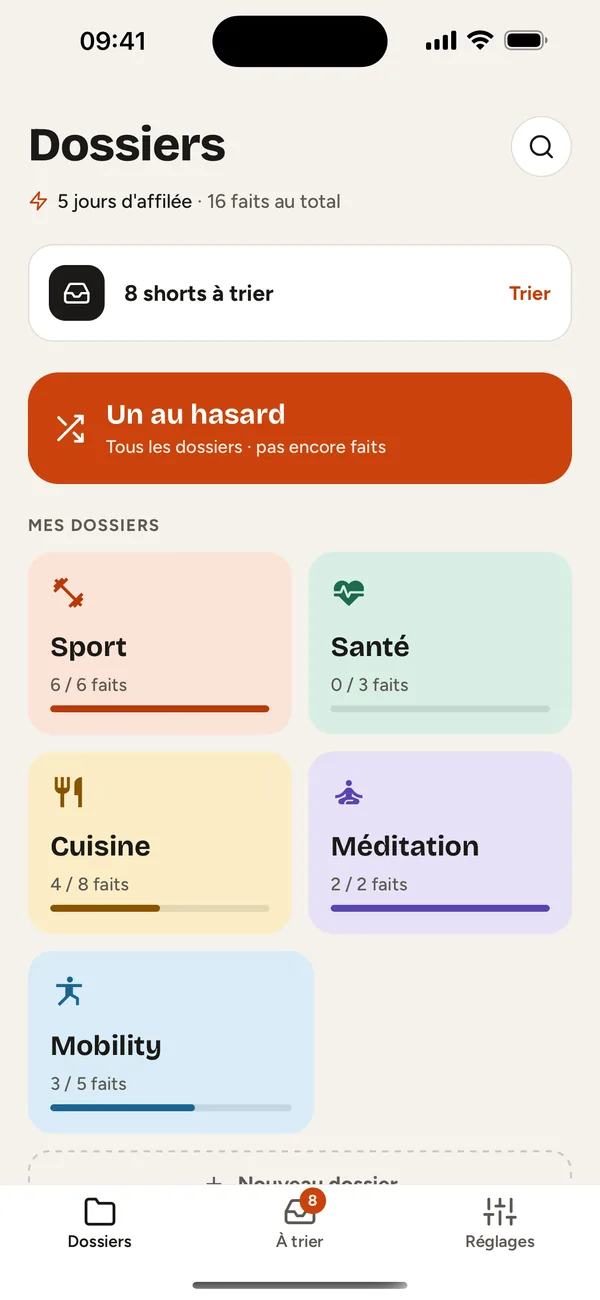 L'écran Dossiers : Sport, Santé, Cuisine, Méditation.