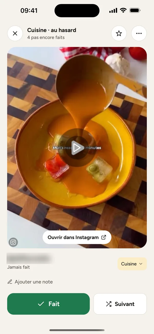 Lecture d'une vidéo au hasard dans le dossier Cuisine, avec les boutons Fait et Suivant.